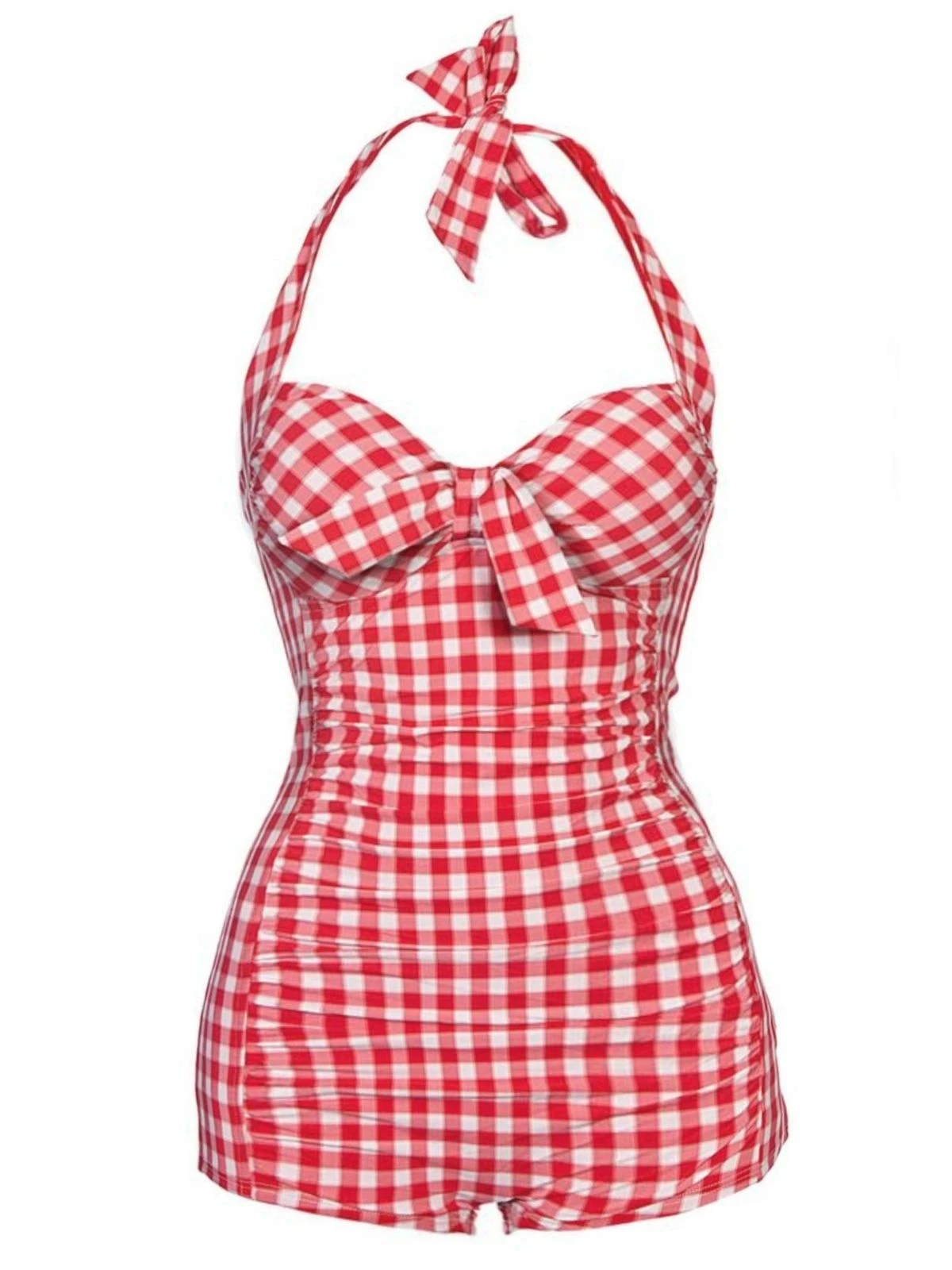 Red 1950s Plaid Halter One-piece Swimsuit 3 Red 1950s Plaid Halter One-piece Swimsuit